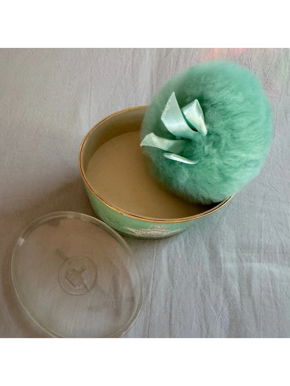 Vintage Prince Matchabelli Beloved Powder Box Crown Logo Mint Green Puff MCM
